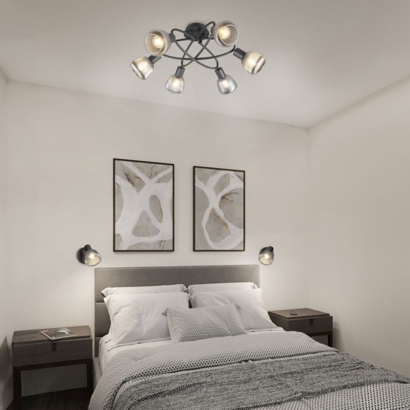 - Tarifa - Black 6 Light Semi Flush with Mirrored Smoked Ribbed Glass Trio-662800632 - Tarifa - Black 6 Light Semi Flush with Mirrored Smoked Ribbed Glass