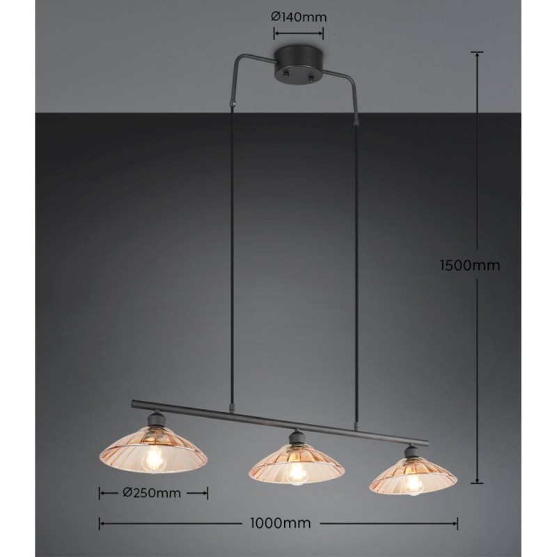 Trio-R36523032 - Eluna - Black 3 Light over Island Fitting with Amber Glass Shade