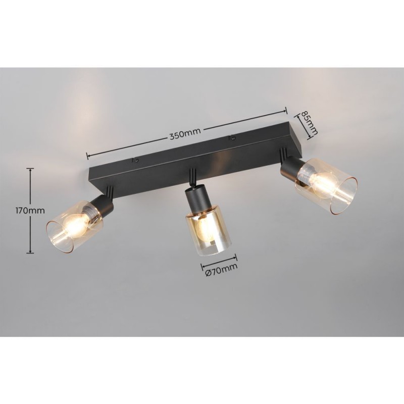 Trio-R81783032 - Cadiz - Matt Black 3 Spotlights with Amber Glass