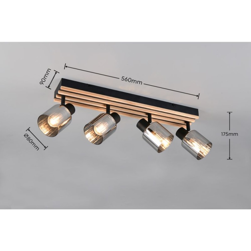 Trio-R86534032 - Travia - Wooden & Black 4 Light Spotlights with Smoked Glass