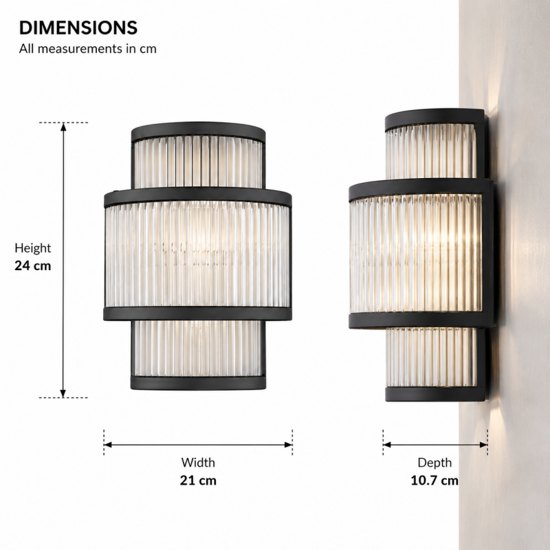 Prism-W0528-02B-P7AC-IE01 - Monaco WBK - Matt Black 2 Light Wall Lamp with Clear Glass Rods