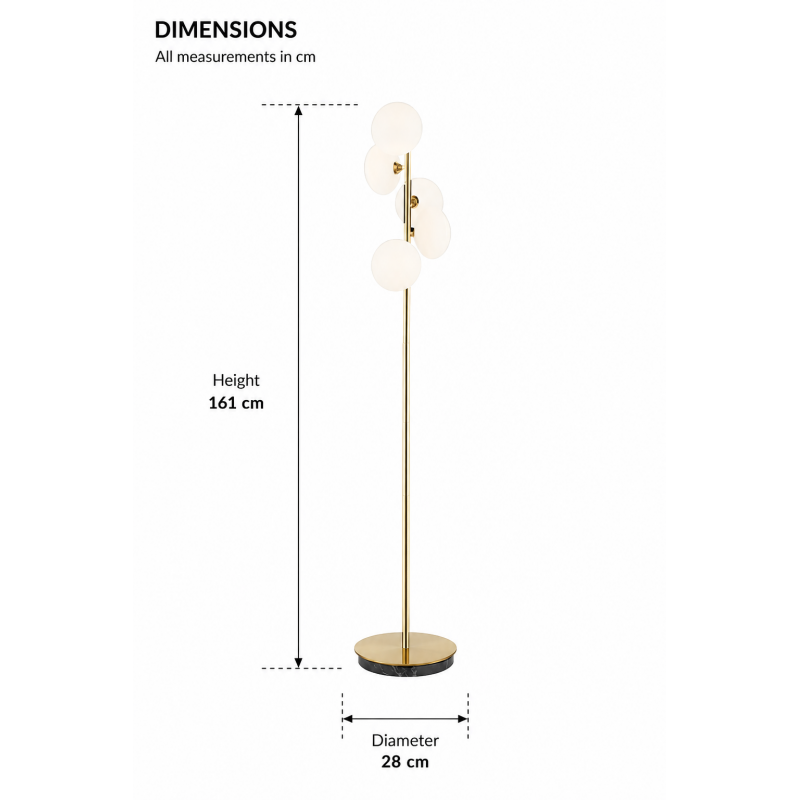 Prism-F0574-05M-2GAA-IE01 - Chicago FL - Brushed Brass 5 Light Floor Lamp with White Opal Glass