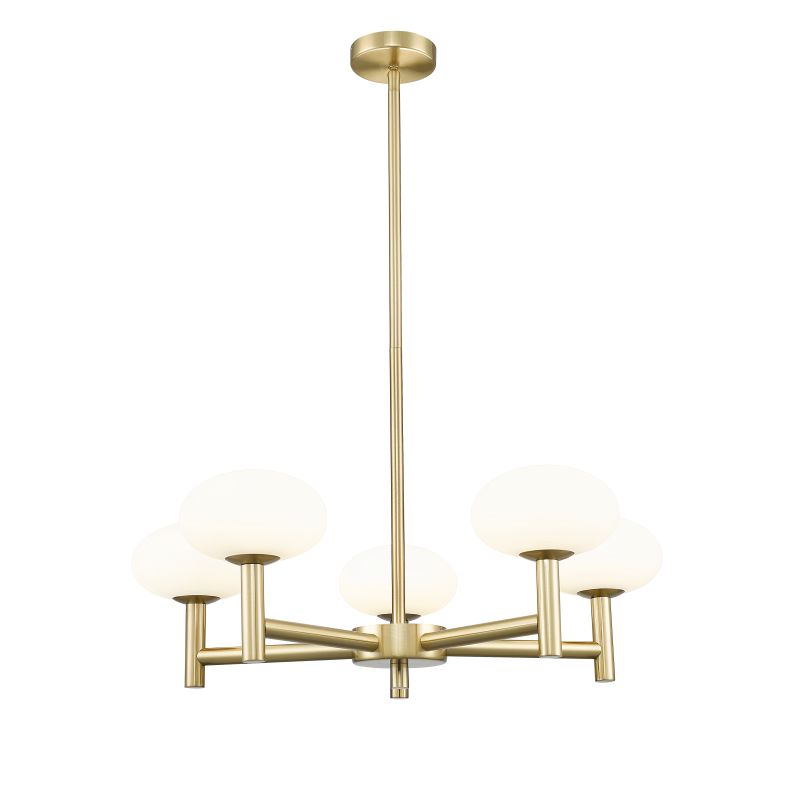 - Chicago 1 - Brushed Brass 5 Light Cente Fitting with White Opal Glass Prism-P0574-05M-2GAA-IE01 - Chicago 1 - Brushed Brass 5 Light Cente Fitting with White Opal Glass