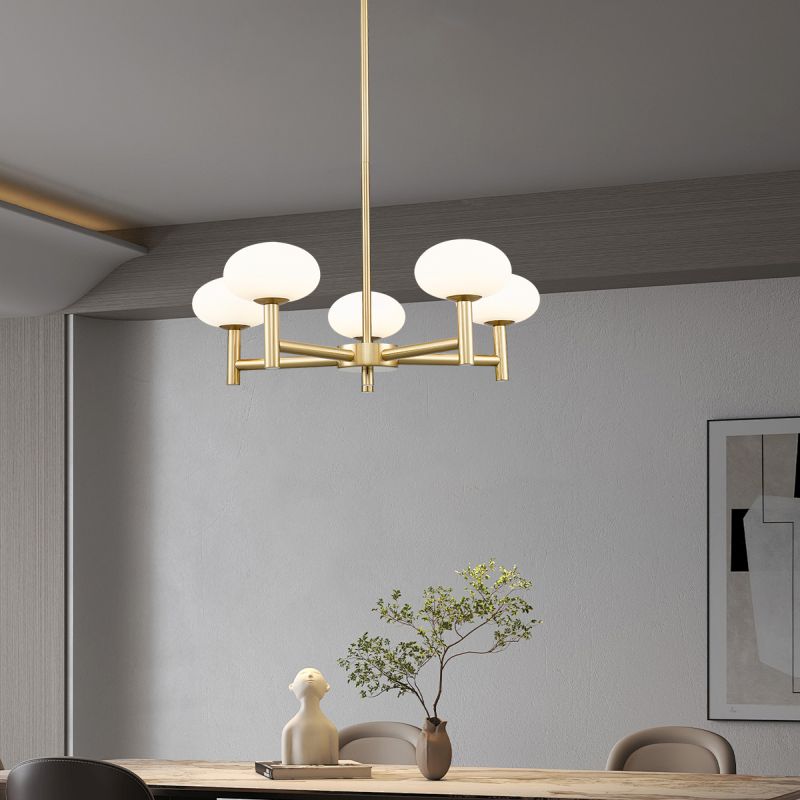 - Chicago 1 - Brushed Brass 5 Light Cente Fitting with White Opal Glass Prism-P0574-05M-2GAA-IE01 - Chicago 1 - Brushed Brass 5 Light Cente Fitting with White Opal Glass
