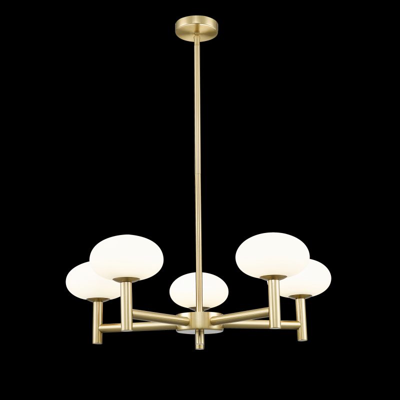 - Chicago 1 - Brushed Brass 5 Light Cente Fitting with White Opal Glass Prism-P0574-05M-2GAA-IE01 - Chicago 1 - Brushed Brass 5 Light Cente Fitting with White Opal Glass