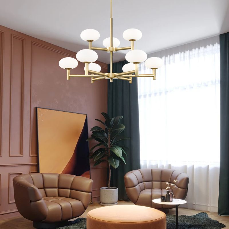 - Chicago 2 - Brushed Brass 9 Light Cente Fitting with White Opal Glass Prism-P0574-09M-2GAA-IE01 - Chicago 2 - Brushed Brass 9 Light Cente Fitting with White Opal Glass