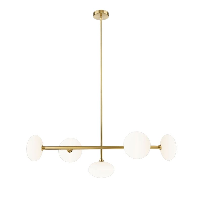 Prism-P0574-05L-2GAA-IE01 - Chicago 3 - Brushed Brass 5 Light over Island Fitting with White Opal Glass