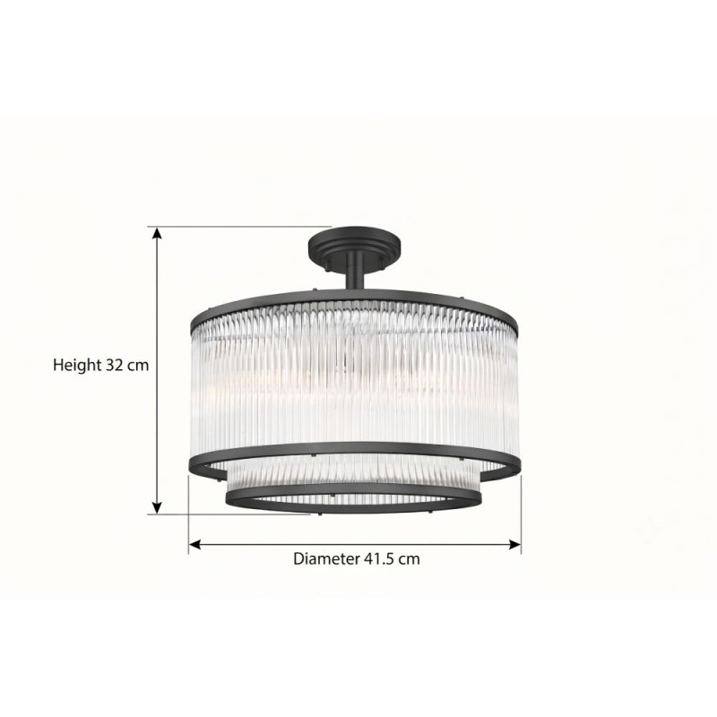 Prism-C0528-05H-P7AC-IE01 - Monaco 2BK - Matt Black 5 Light Semi Flush with Clear Glass Rods