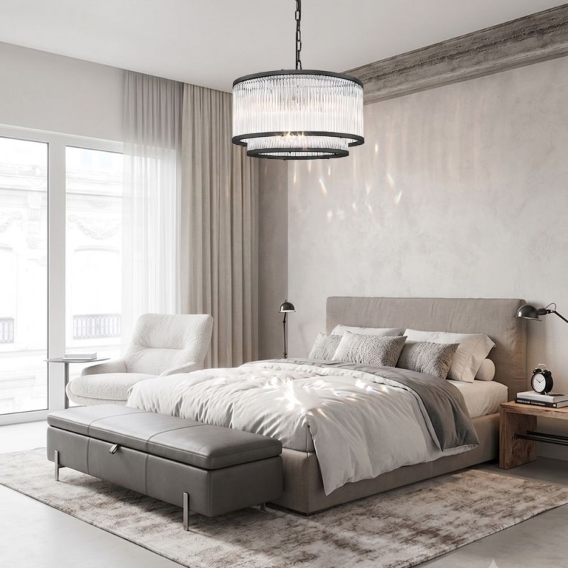 Prism-P0528-05H-P7AC-IE01 - Monaco 4BK - Matt Black 5 Light Pendant with Clear Glass Rods