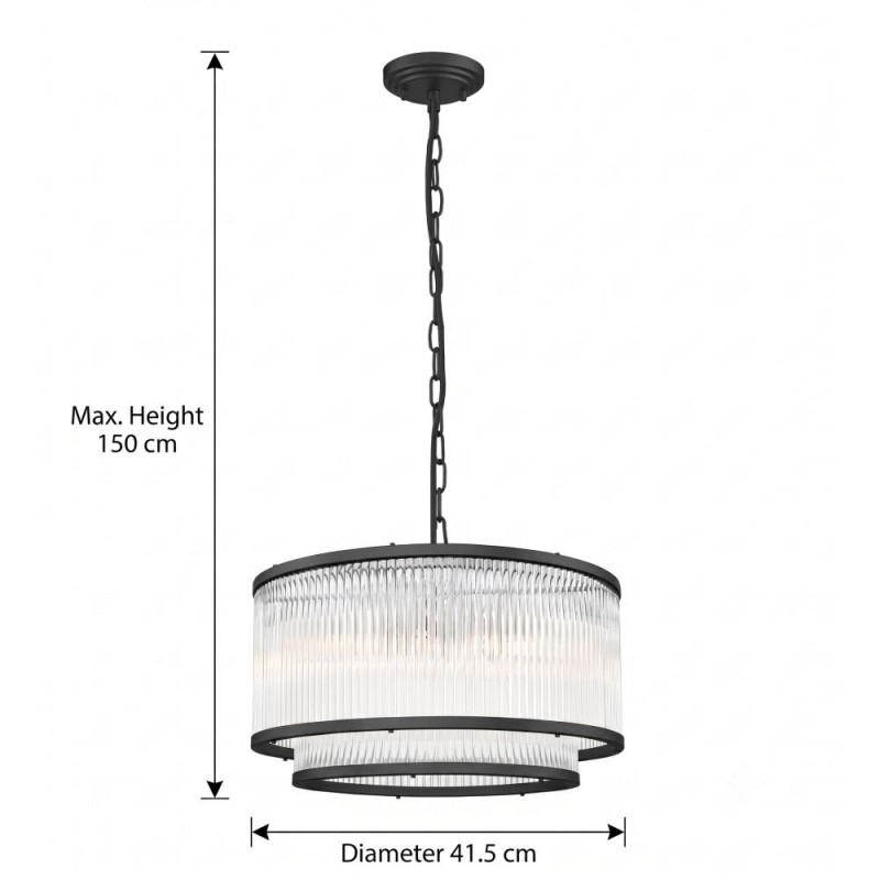 Prism-P0528-05H-P7AC-IE01 - Monaco 4BK - Matt Black 5 Light Pendant with Clear Glass Rods