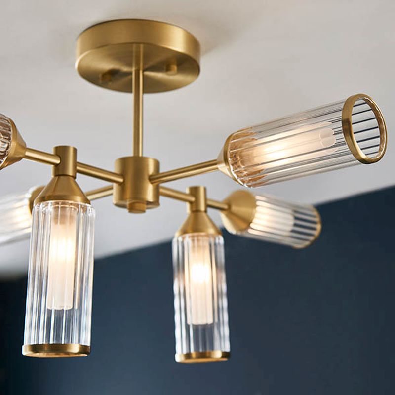 Ambience-63763 - Avalon -  Satin Brass 6 Light Semi Flush with Ribbed Glasses