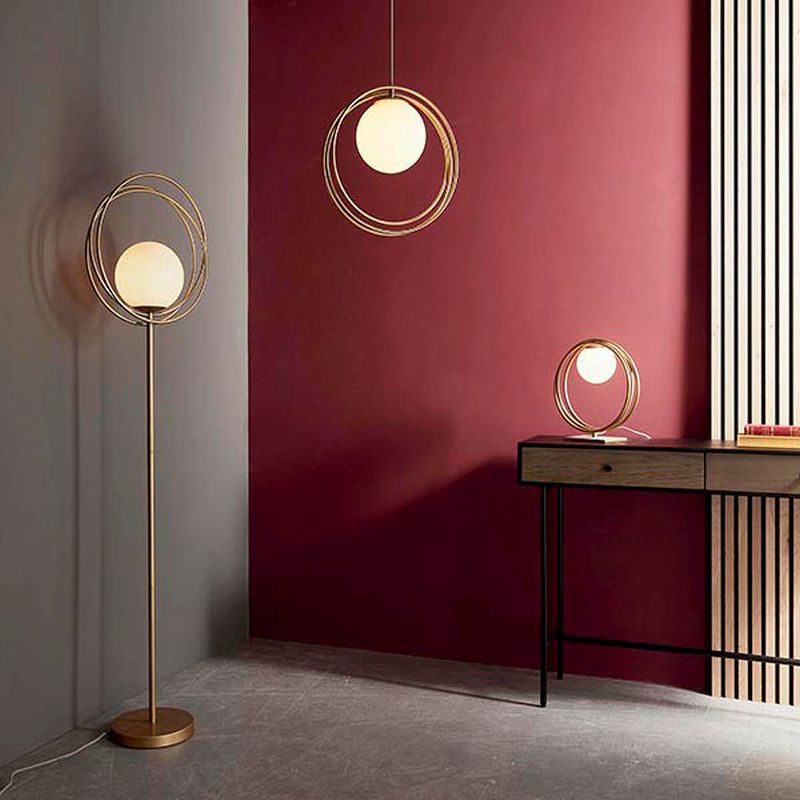 Ambience-92492 - Rings - Brushed Gold Floor Lamp with Gloss Opal Glass