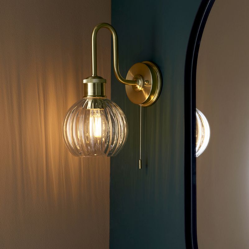 Ambience-66140 - Ross - Bathroom Satin Gold Wall Lamp with Ribbed Glass Shade