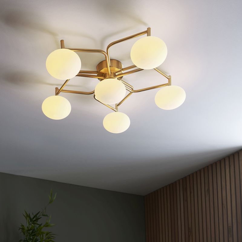 Ambience-66147 - Bordeaux - Satin Gold 6 Light Ceiling Lamp with White Glass Shades