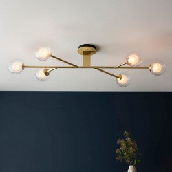 Crown - Satin Brass 6 Light Ceiling Lamp with Double Glass