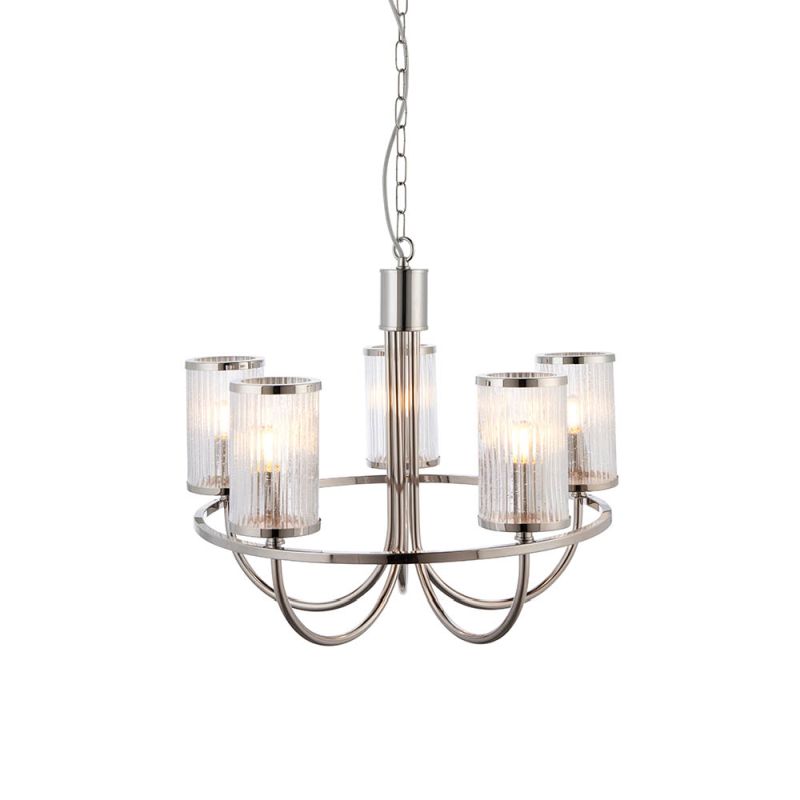 Ambience-67486 - Ionis - Bright Nickel with Ribbed Glass 5 Light Centre Fitting