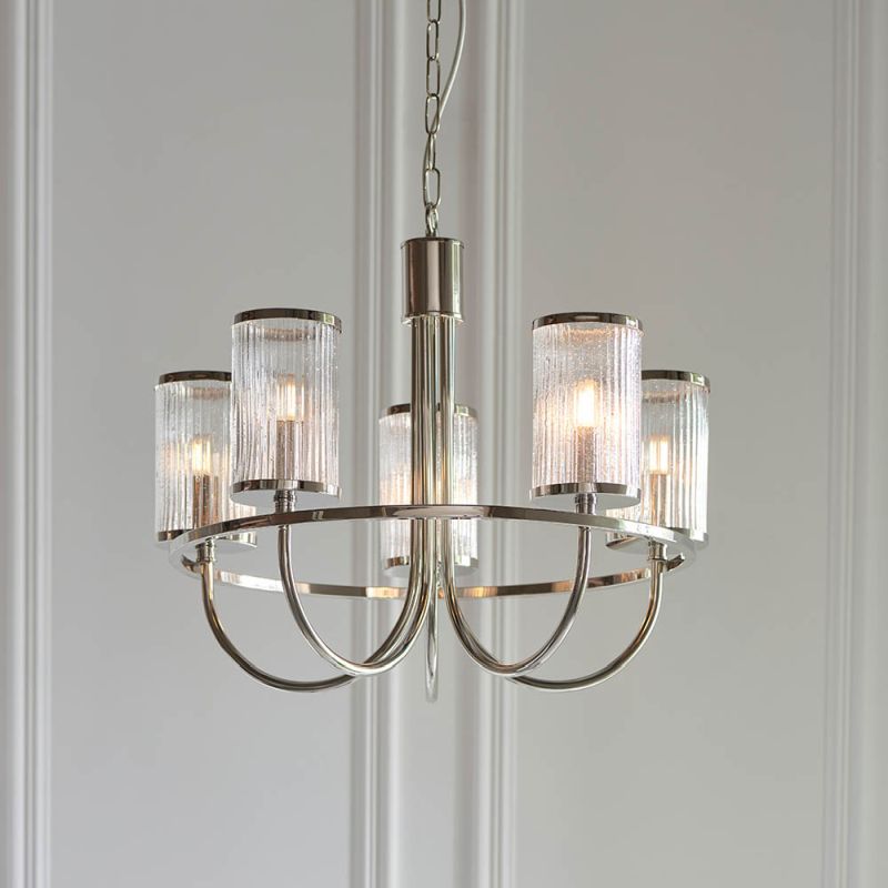 Ambience-67486 - Ionis - Bright Nickel with Ribbed Glass 5 Light Centre Fitting