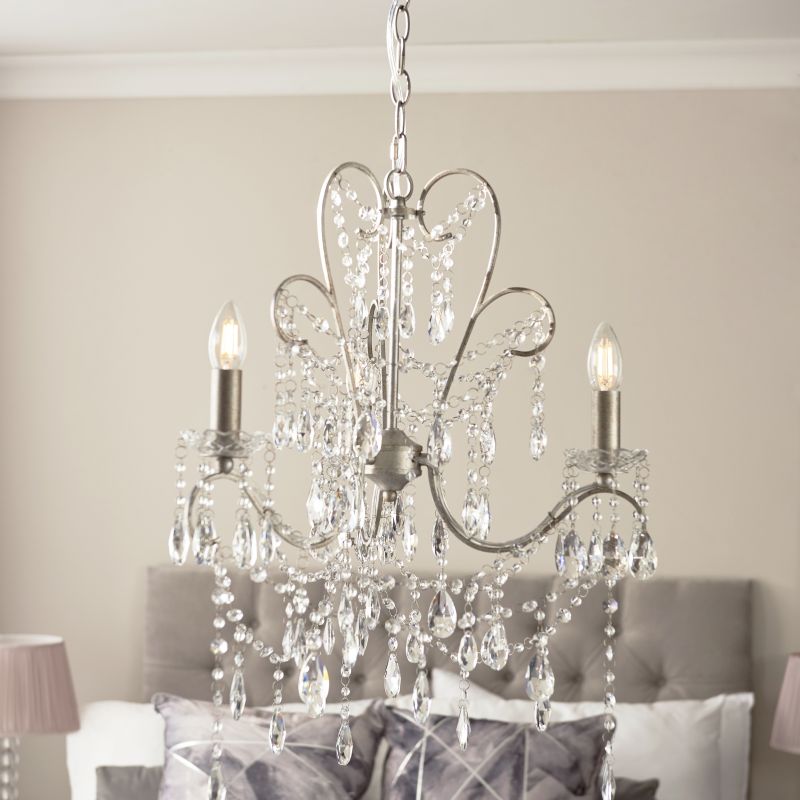 Ambience-66144 - Prime - Aged Silver 3 Light Chandelier with Crystal Droplets